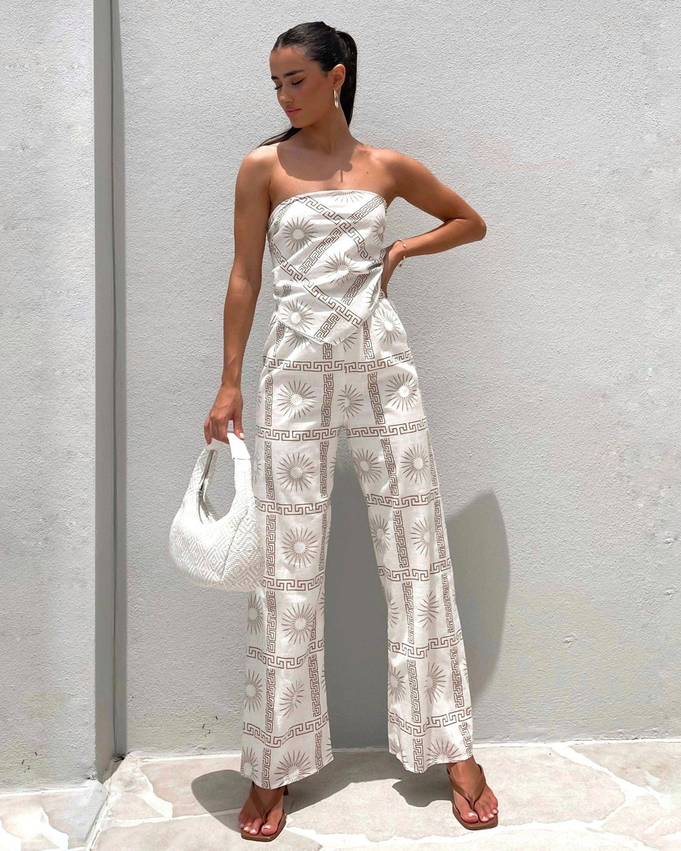 AMIGAN SCARF TOP & PANT SET -WHITE/TAN PRINTS